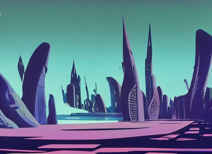 Prompt: ground view of a utopia future city. style by syd mead and eyvind earle.