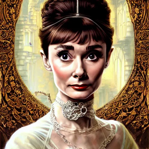 Image similar to audrey hepburn in an epic victorian novel, inside an ornate castle, intricate, elegant, highly detailed, digital painting, artstation, matte, illustration, art by artgerm, greg rutkowski, loish, rhads, ferdinand knab, makoto shinkai, lois van baarle, ilya kuvshinov, rossdraws, tom bagshaw