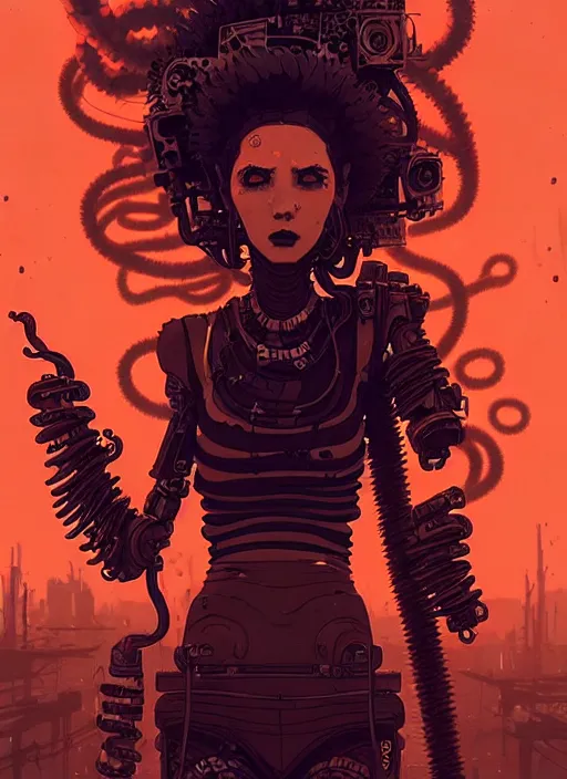 Image similar to highly detailed portrait of wasteland punk long curly fire hair tribal lady, stray wiring by atey ghailan, james gilleard, by joe fenton, by greg rutkowski, by greg tocchini, by kaethe butcher, 4 k resolution, gradient red, orange, black and white color scheme!!! ( ( flaming robotic dystopian city spiral background ) )