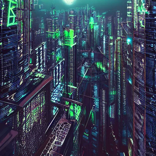 Prompt: endless forest of high buildings, with neon night spots, gaint black moon, cyberpunk, telephoto, photorealistic, highly detailed, 8 k, by andrew tarkovsk