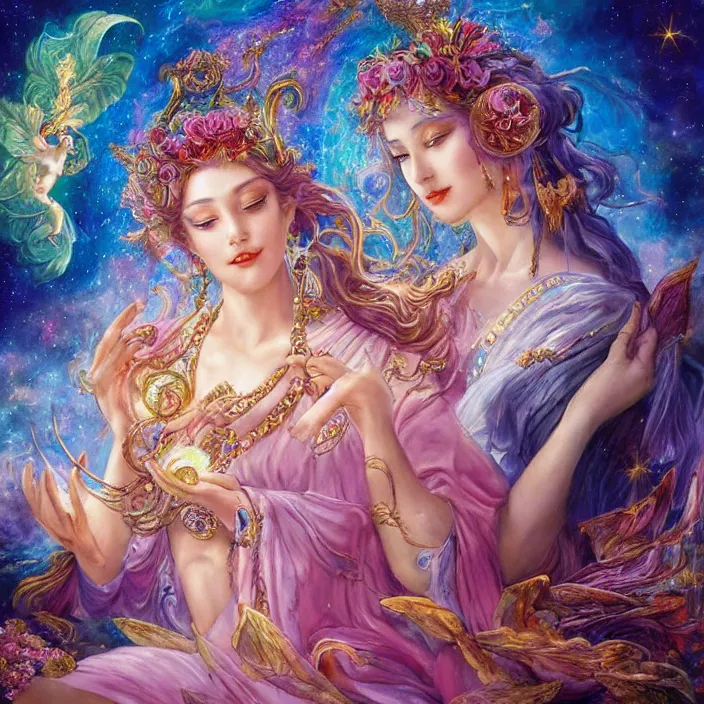 Image similar to a celestial goddess on her day off catching up on social media in bed, magic realism, art by josephine wall, art by huang guangjian, art by viktoria gavrilenko, art by amanda sage, trending on artstation