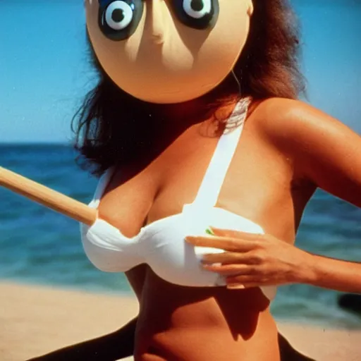 Image similar to 1981 woman on tv show wearing a squishy inflatable prosthetic mask long stick nose, soft color wearing a swimsuit at the beach 1981 color film 16mm holding a an inflatable animal Fellini John Waters Russ Meyer Doris Wishman old photo