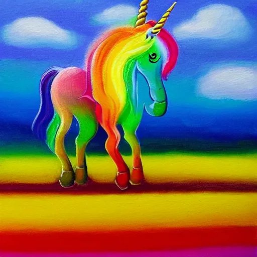 Image similar to unicorn walking on a rainbow, in the style of caravagio, oil painting