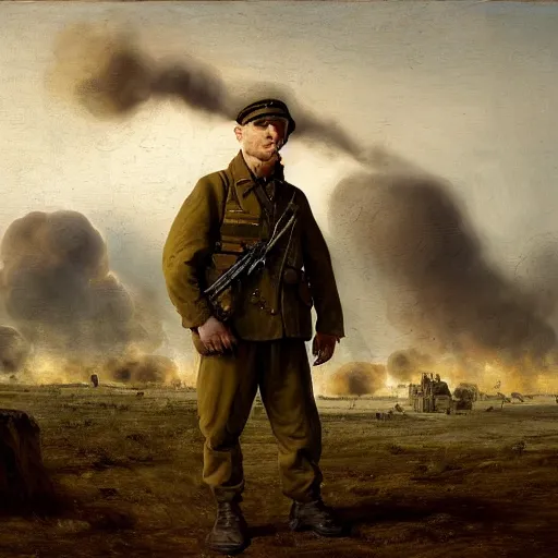 Prompt: scared shell-shocked soldier in uniform, war and explosions in the background, ptsd, world war, hell on earth, no mans land, artwork by Jan van Goyen! and Jacob van Ruisdael and Hendrik Kerstens, artstation, award winning, 4k