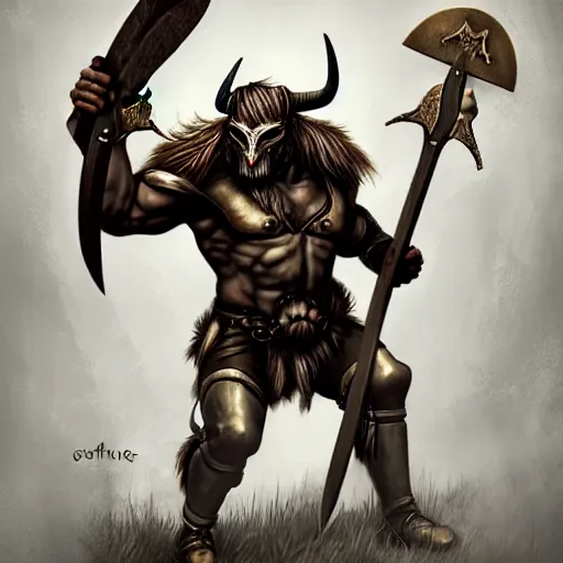 Prompt: Minotaur warrior with axe, human body, aggressive stance, forest landscape, bull head, concept art, paladin golden armor, high details, symmetrical, full body, digital painting, dark fantasy, guildwar artwork