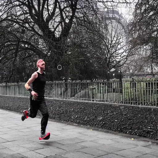 Prompt: skinny man running around london park in cyberpunk style