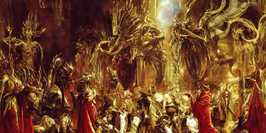 Prompt: beautiful oil painting, high details, alien in royal crimson robes enthroned as the alien god emperor of ancient civilization surrounded by servants in gilded halls a golden wreath upon his head, by anders zorn, wonderful masterpiece by greg rutkowski, beautiful cinematic light, american romanticism, by giger, rolf armstrong, ernie barnes, thomas lawrence, greg rutkowski