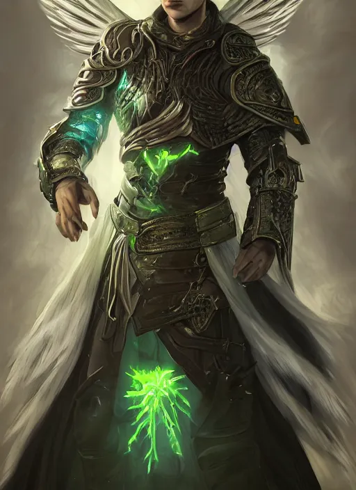 Prompt: An epic fantastic realism comic book style portrait painting of a male hexblade warlock aasimar with angel wings, green energy emanating from body, silver hair, Apex Legends Concept Art, unreal 5, DAZ, hyperrealistic, octane render, cosplay, RPG portrait, dynamic lighting