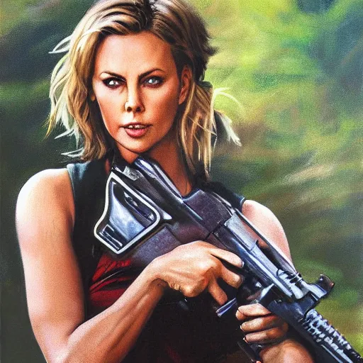 Prompt: ultra realistic portrait painting of charlize theron playing paintball, art by frank frazetta, 4 k, ultra realistic, highly detailed, epic lighting.