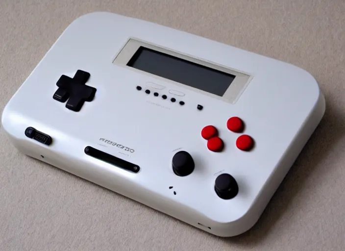 Prompt: retro futurist design of a new handheld console by nintendo, white, aluminium, wood