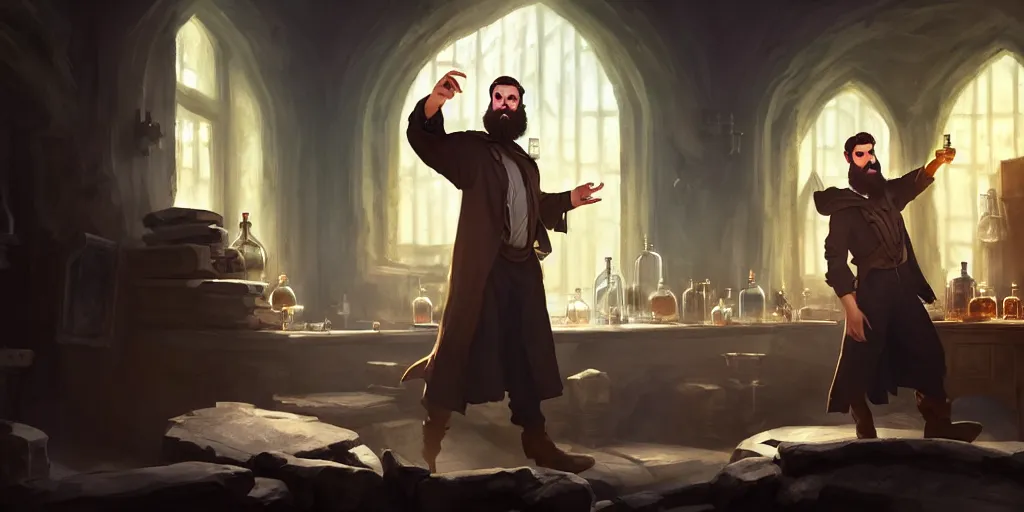 Prompt: a handsome bearded caucasian male sorcerer with brown hair, he is in a alchemist lab, casting a spell on a potion, action pose, digital art, 4 k, unreal engine, by greg rutkowski