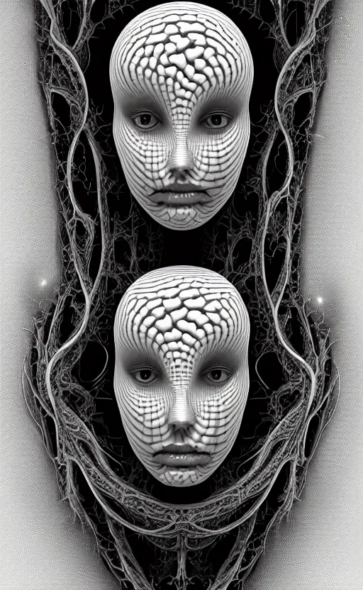 Image similar to a black and white high quality photo of a young beautiful female queen-vegetal-dragon-cyborg bust with a very long neck and Mandelbrot fractal face, Mandelbrot fractal skin, flesh, anatomical, facial muscles, veins, arteries, elegant, highly detailed, flesh highly baroque ornate, hair are wired cables, elegant, high fashion, rim light, octane render, in the style of Cindy Sherman, Realistic, Refined, Digital Art, Highly Detailed, Cinematic Lighting, rim light, black and white, photo-realistic, 8K