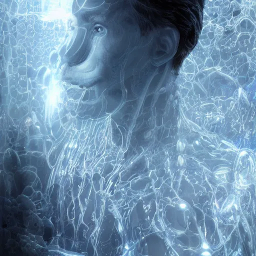 Prompt: soldier suspended weightless in water inside glass tank. wearing light blue complex hyperdetailed technical suit. white hair flowing. reflection. rays and dispersion of light. volumetric light. 5 0 mm, f / 3 2. noise film photo. ultra realistic, wide angle. wayne barlowe, hajime sorayama aaron horkey, craig mullins