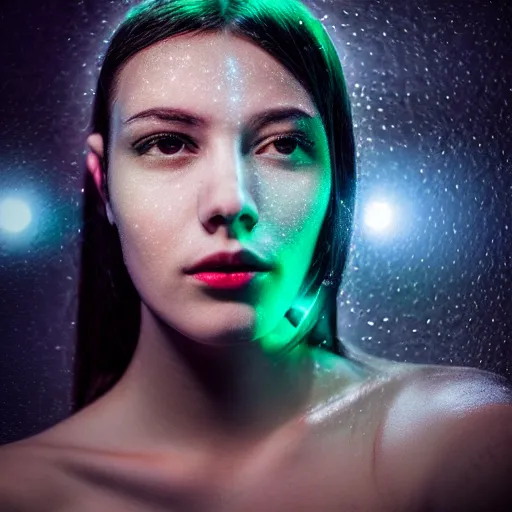 Prompt: photo of young woman, close up, with a cyberpunk camera implant on right eye with led lights, robotic implants over face with small led lights, white background, fine art photography in the style of Bill Henson