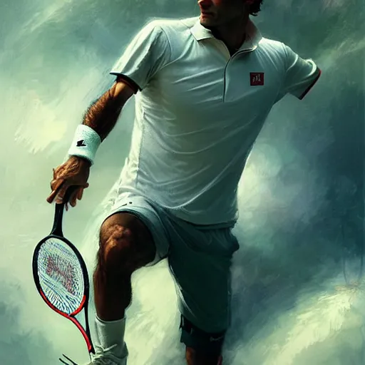 Image similar to roger federer as a hero, picture by greg rutkowski, dynamic pose, intricate, futuristic, fantasy, elegant, by stanley artgerm lau, greg rutkowski, thomas kindkade, alphonse mucha, loish, norman rockwell,