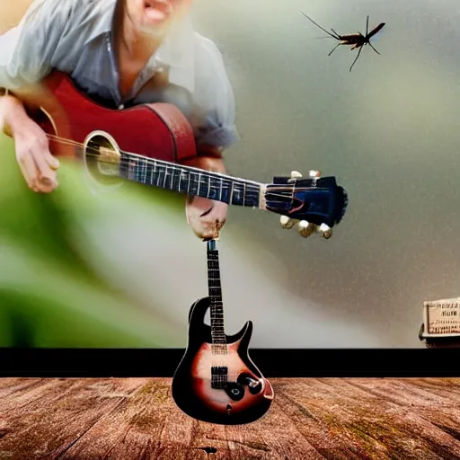 Prompt: realistic photograph of two mosquitos playing two guitars, on a stadium stage, in front of a large audience