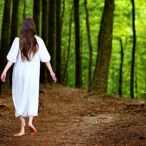 Image similar to brunette angel walking barefoot in the forest