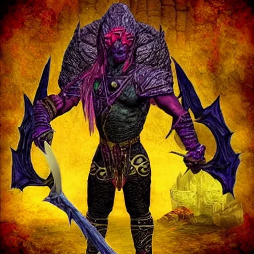 Image similar to Bright, colorful, realistic dark gritty individual elder scrolls morrowind Dagoth Ur, known as Voryn Dagoth in life, and whom Vivec would later come to call The Sharmat, was a powerful Chimer lord and Lord High Councillor to House Dagoth, and is the main antagonist of The Elder Scrolls III: Morrowind full body backlighting, kodachrome, high contrast, highly detailed, sharp focus, digital painting, concept art, illustration, trending on artstation, comic book by Alex Ross cover art