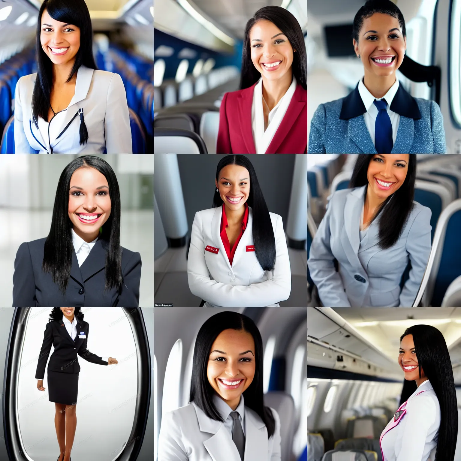 Prompt: beautiful biracial woman flight attendant with long straight black hair and a beautiful smile