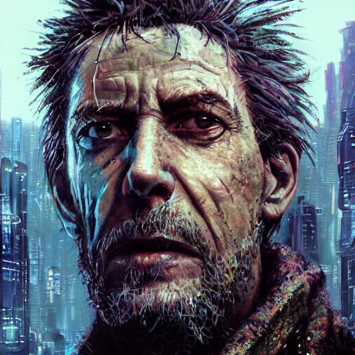 Image similar to cyberpunk, closeup portrait of a shaggy old cyberpunk fence, bald, tired eyes, tattered tweed jacket, dramatic light, city background, sunset, dystopian setting, high contrast, sharp, neuromancer, the finn, painted by stanley lau, painted by greg rutkowski, painted by stanley artgerm, digital art, trending on artstation