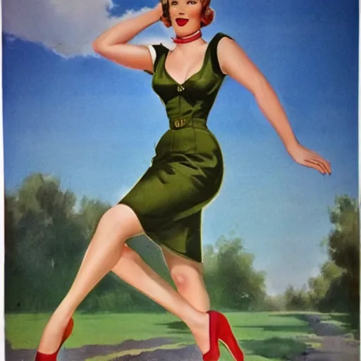 Image similar to full body pin up post war dressing a military unioform,with a park in the back ground, water color, Gil Elvgren style