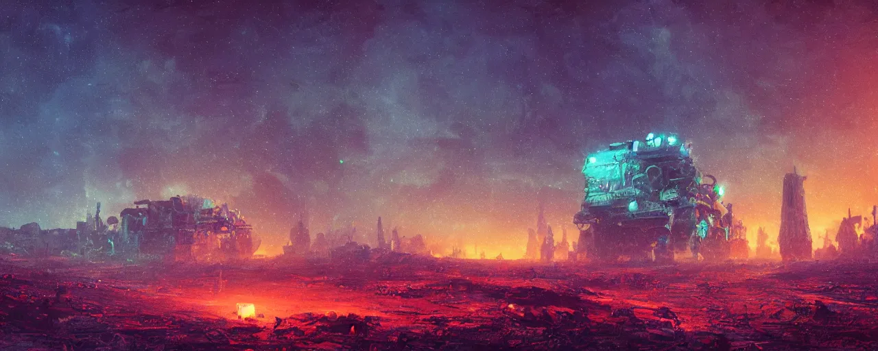 Prompt: ” otherwordly depressing landscape radioactive desolate wasteland at night, [ cinematic, detailed, epic, widescreen, opening, establishing, mattepainting, photorealistic, realistic textures, octane render, art by paul lehr ] ”