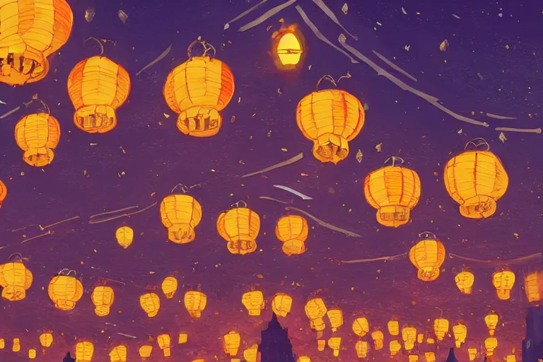 Prompt: a beautiful city full of glowing lanterns at night, by temmie chang, digital art, trending on artstation, rule of thirds, detailed, cinematic