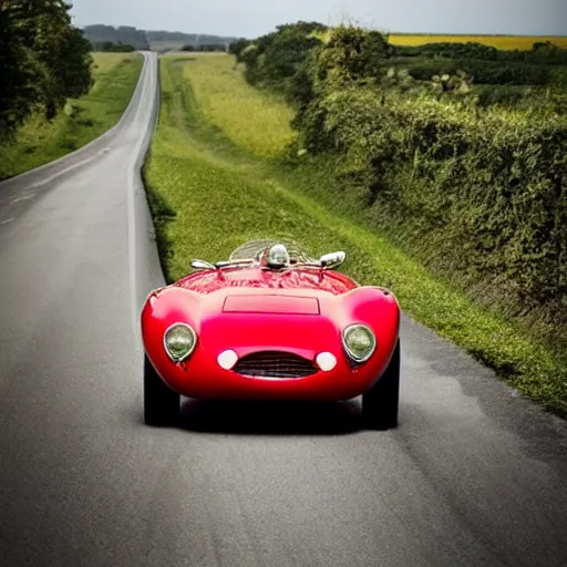 Prompt: photograph of a red Ferrari 166 MM car driving on a country road. a gleaming red barchetta from a better vanished time.