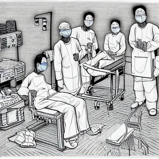 Prompt: chinese surgeons operating on a body on an operating table, in the style of daniel johnston and outsider art, 8k, line brush, minimal, overlaid with chinese adverts, acid