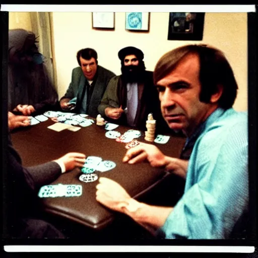 Image similar to 80's polaroid photo of saul goodman playing poker with the taliban