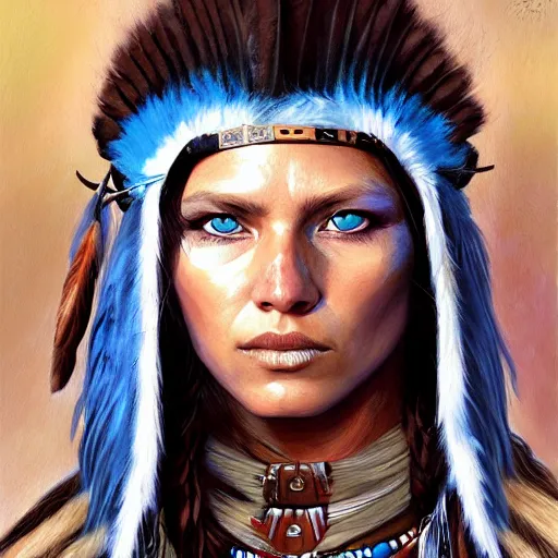 Image similar to painting of a shamanic warrior woman with blue eyes, native american, brown hair, and silver armor by jon foster, trending on artstation