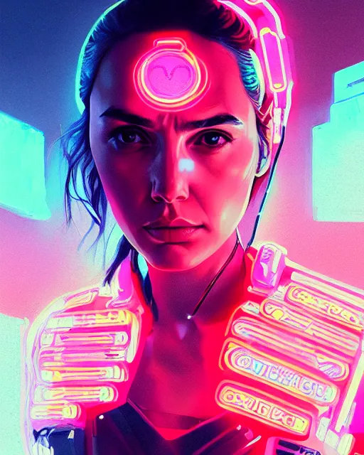 Image similar to detailed portrait Gal Gadot Neon Operator Girl, cyberpunk futuristic neon, reflective puffy coat, decorated with traditional Japanese ornaments by Ismail inceoglu dragan bibin hans thoma greg rutkowski Alexandros Pyromallis Nekro Rene Maritte Illustrated, Perfect face, fine details, realistic shaded, fine-face, pretty face