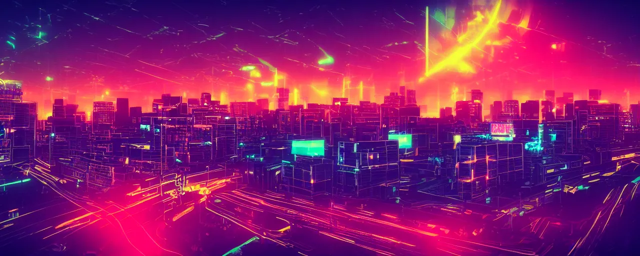 Prompt: night city, neon lights, glow, retrowave style, sunset, photorealism