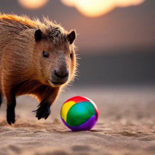 Image similar to a closeup photorealistic photograph of a cute smiling knitted capybara chasing a beachball at sunset. professional capture. this 4 k hd image is trending on artstation, featured on behance, well - rendered, extra crisp, features intricate detail, epic composition and the style of unreal engine.