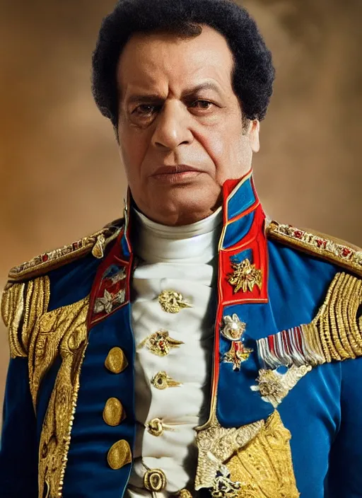 Image similar to muammar kadhafi as emperor napoleon, splash art, movie still, detailed face, cinematic lighting, dramatic, octane render, long lens, shallow depth of field, bokeh, anamorphic lens flare, 8 k, hyper detailed, 3 5 mm film grain