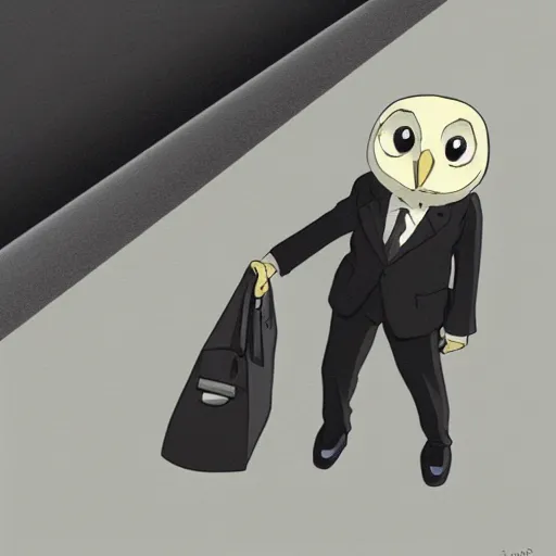 Prompt: barn owl in a black suit wearing an office bag going to the office,art by Hayao Miyazaki , highly detailed,anime, anime shot,anime colours, inspired by My Neighbor Totoro 1988,cell shading,volumetric dynamic lighting,anime lighting