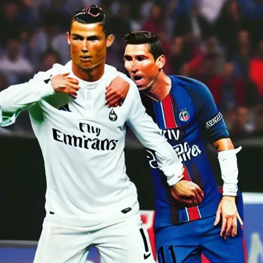 Image similar to cristiano ronaldo with messi in psg, very realistic, ultra detailed, cinematic