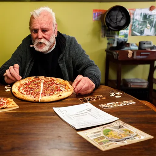 Image similar to a grumpy old danish man with long black hair eating pizza while DMing an AD&D game, D&D, rogue, dark hair, skinny, middle aged, D&D dice on table, papers on table, character sheets on table