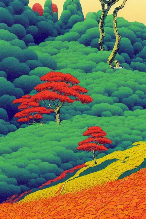 Prompt: a colorful vibrant trail of leaves on the wind winding over a surreal landscape and dreaming psychedelic hallucinations, by kawase hasui, moebius, edward hopper and james gilleard, zdzislaw beksinski, steven outram colorful flat surreal design, hd, 8 k, artstation