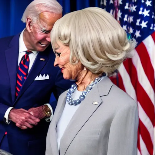 Image similar to alien wearing a wig and a dress and Joe Biden at a press conference, photograph, highly detailed, 4K