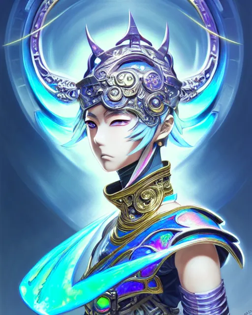 Image similar to anime portrait of an iridescent opal cyborg shinobi, intricate ornate details, morandi color scheme, fantasy, elegant, highly detailed, wide angle, digital painting, artstation, concept art, smooth, sharp focus, illustration, wallpaper, dynamic pose, splash art, league of legends, art by artgerm and greg rutkowski and bo chen and jin xiaodi