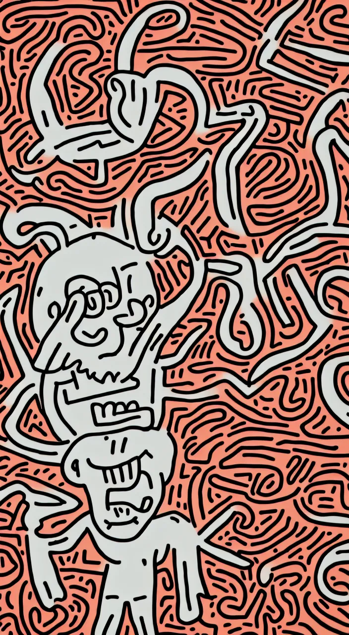 Image similar to line portrait of larry david eating a bagel by keith haring. hyper - realistic, 8 k, hd