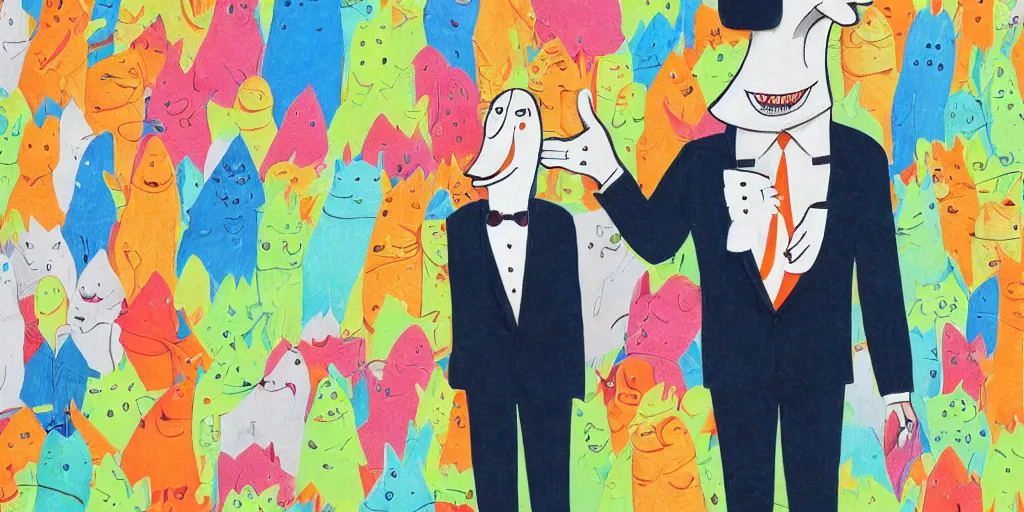 Image similar to an anthropomorphic catfish wearing a suit giving a thumbs up, colourful background, by lisa hanawalt, by wanda gag