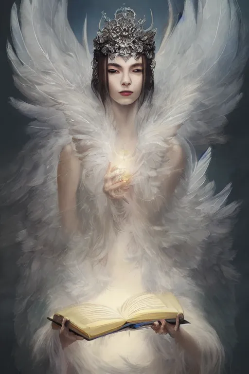 Image similar to beautiful ghost model wearing crystal white feathers, holding books, queen of storytelling, diamonds, angel, fantasy, dramatic lighting, highly detailed, digital painting, magic the gathering, hyper detailed, 3 d render, hyper realistic detailed portrait, peter mohrbacher, wlop, ruan jia