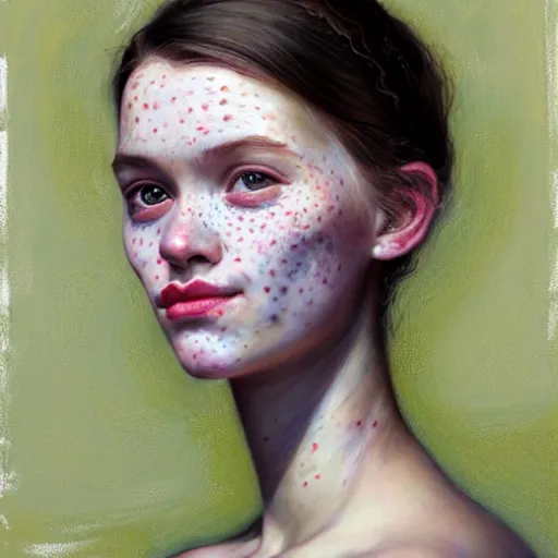 Image similar to Facial portrait of a pretty cottagecore girl, looking at the camera, slight awkward smile, lips slightly parted, some light freckles, no hands visible, extremely detailed painting by Greg Rutkowski and by Steve Henderson and by Harumi Hironaka