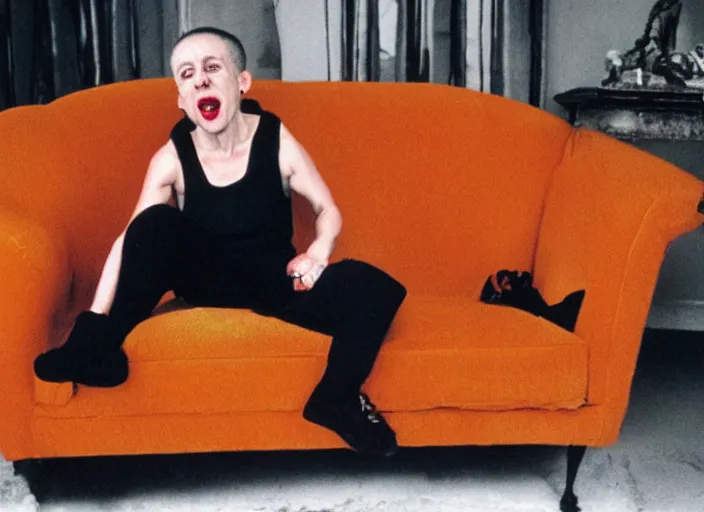 Prompt: kathy acker sitting on a sofa and screaming