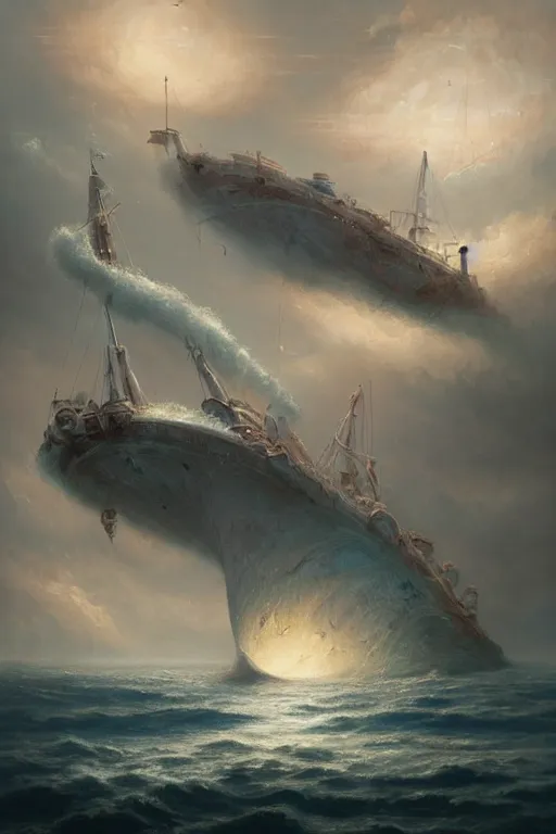 Prompt: breathtaking detailed soft painting of a drunken ship with mystical horrors, bathing in dreaming lactescent sea, alcohol with blue delirium skies, elegant, highly detailed, artstation, concept art, matte, sharp focus, art by tom bagshaw, and greg rutkowski