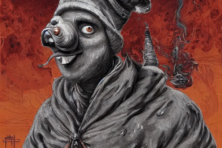 Image similar to a highly detailed pulcinella!! from naples, pizza!, volcano, black sky, smoke, fire lava, post - apocalyptic road warrior vibe, full body, wide angle, an ultrafine detailed painting by joe fenton, trending on deviantart, pop surrealism, whimsical, lowbrow, perfect symmetrical face, sharp focus, octane, masterpiece