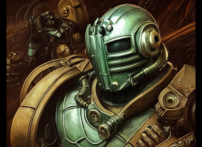 Prompt: mf doom with reptile eyes, insanely powerful fallout power armor, bioshock big daddy, intricate, elegant, highly detailed, centered, digital painting, artstation, concept art, smooth, sharp focus, illustration, artgerm, tomasz alen kopera, peter mohrbacher, donato giancola, joseph christian leyendecker, wlop, frank frazetta