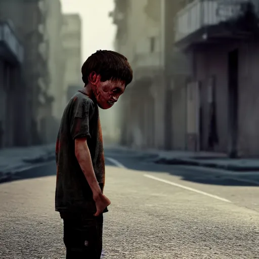 Prompt: boy standing wearing dirty clothes in the middle of the road. ruins of war around. the boy crying. symmetric, hands, face, fingers, photorealistic, hyperrealistic, cinematic, artstation, octane render, 8 k